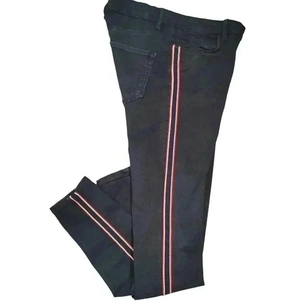 Zara Basics Z1975 Denim Navy Skinny Jeans Red White Stripe Sides Stretchy Size 4 - Picture 5 of 12